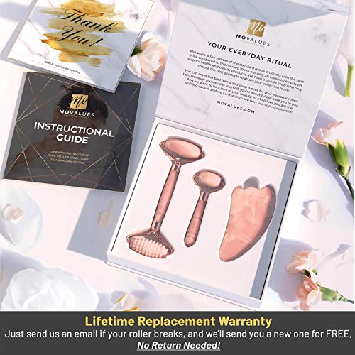 Rodillo Facial de Cuarzo Rosa, Gua Sha y Masajeador para Contorno de Ojos - Set de Masaje para Rostro y Cuello en Piedra de Cuarzo Auténtica 100% Natural | Tonifica, Desinflama Ojeras, Reafirmante