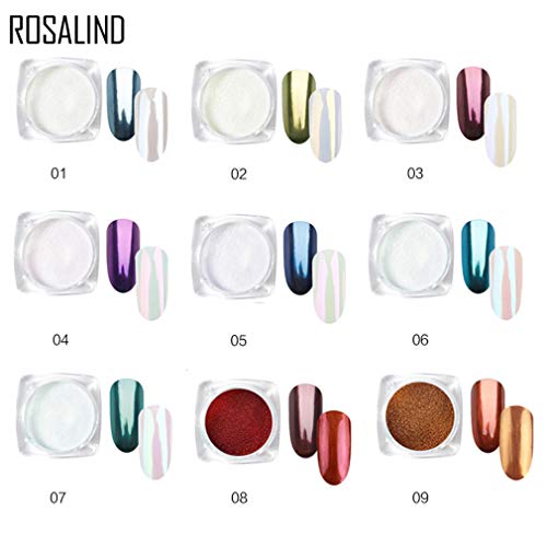 ROSALIND 9 cajas/paquete de polvo efecto perla para decoración de uñas, brillante, mágico, espejo, bricolaje, cromo, diamante, purpurina en polvo