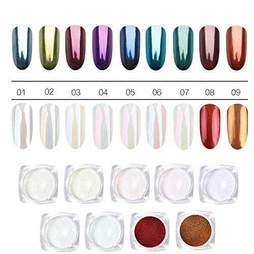 ROSALIND 9 cajas/paquete de polvo efecto perla para decoración de uñas, brillante, mágico, espejo, bricolaje, cromo, diamante, purpurina en polvo