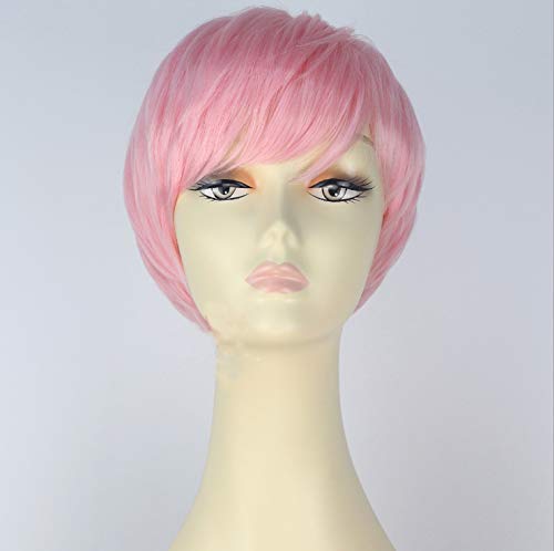 Royalvirgin Rihanna Peluca de cosplay corta, recta, pelo sintético para mujer, aspecto natural, color rosa, con brazaletes, resistente al calor, peluca de repuesto hecha a máquina