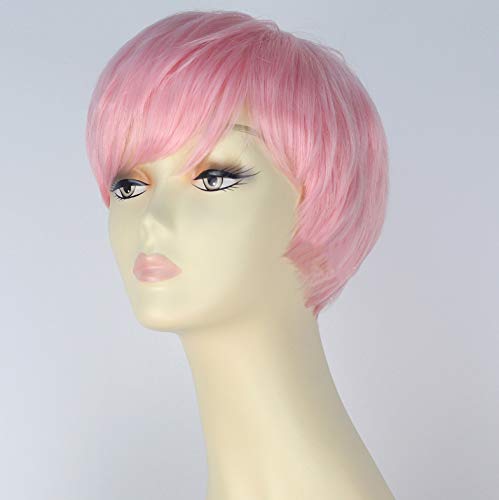 Royalvirgin Rihanna Peluca de cosplay corta, recta, pelo sintético para mujer, aspecto natural, color rosa, con brazaletes, resistente al calor, peluca de repuesto hecha a máquina