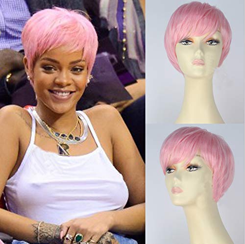 Royalvirgin Rihanna Peluca de cosplay corta, recta, pelo sintético para mujer, aspecto natural, color rosa, con brazaletes, resistente al calor, peluca de repuesto hecha a máquina