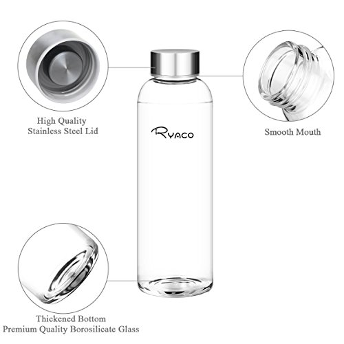 Ryaco Botella de Agua Cristal 550ml, Botella de Agua Reutilizable 18 oz, Sin BPA Antideslizante Protección Neopreno Llevar Manga y Cepillo de Esponja (550ml, Flores Amarillas)