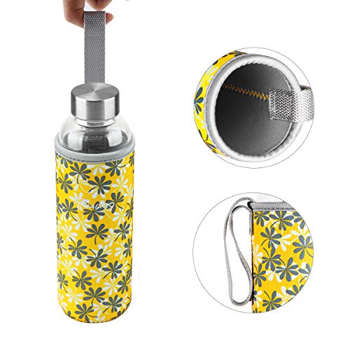 Ryaco Botella de Agua Cristal 550ml, Botella de Agua Reutilizable 18 oz, Sin BPA Antideslizante Protección Neopreno Llevar Manga y Cepillo de Esponja (550ml, Flores Amarillas)