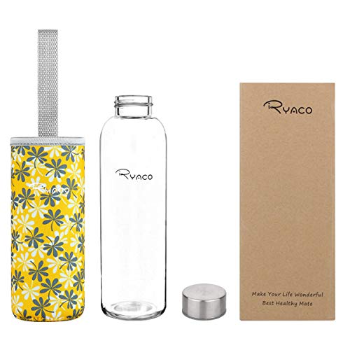 Ryaco Botella de Agua Cristal 550ml, Botella de Agua Reutilizable 18 oz, Sin BPA Antideslizante Protección Neopreno Llevar Manga y Cepillo de Esponja (550ml, Flores Amarillas)