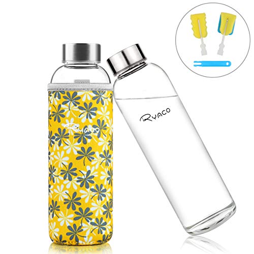 Ryaco Botella de Agua Cristal 550ml, Botella de Agua Reutilizable 18 oz, Sin BPA Antideslizante Protección Neopreno Llevar Manga y Cepillo de Esponja (550ml, Flores Amarillas)