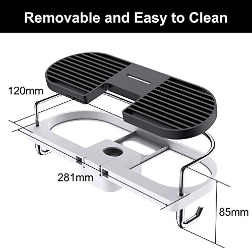 S R Sunrise - Estante para barra de ducha, para champú, acondicionador, jabón, sin taladrar, color blanco y negro, cuerpo de ABS y lona de acero inoxidable, plástico, cromo, 28 x 12 x 9 cm