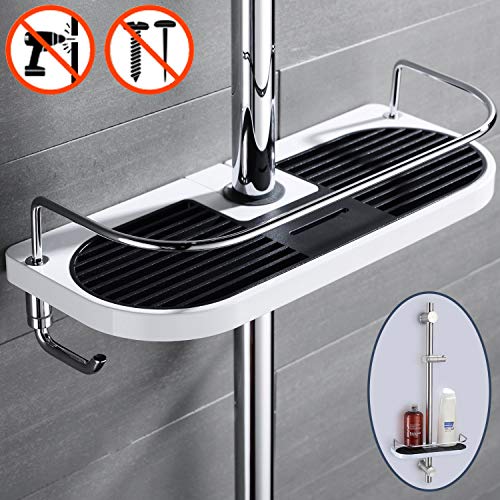 S R Sunrise - Estante para barra de ducha, para champú, acondicionador, jabón, sin taladrar, color blanco y negro, cuerpo de ABS y lona de acero inoxidable, plástico, cromo, 28 x 12 x 9 cm