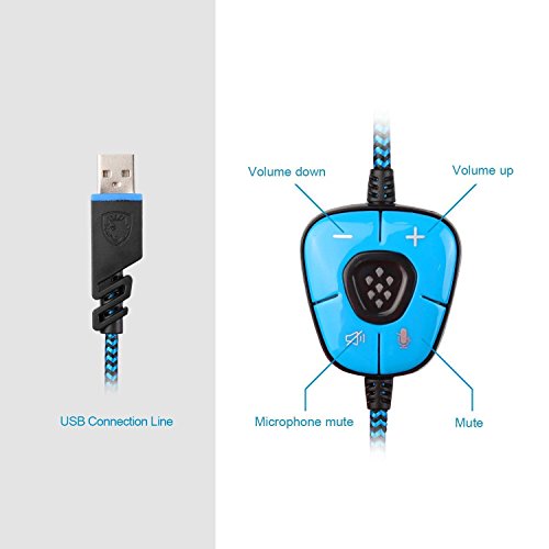 Sades SA902 USB Auriculares Cascos Gaming Sonido Envolvente Virtual de 7.1 de Diadema Cerrados con MICR¨®Fono LED para PC Laptop Computadoras (Negro/Azul)