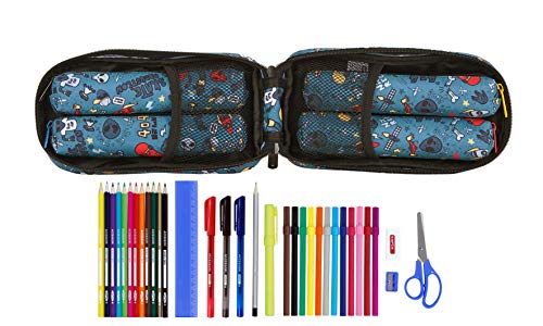 Safta 442041747 Plumier mochila 4 estuches llenos, 33 piezas, escolar Blackfit8, Azul (Alien)