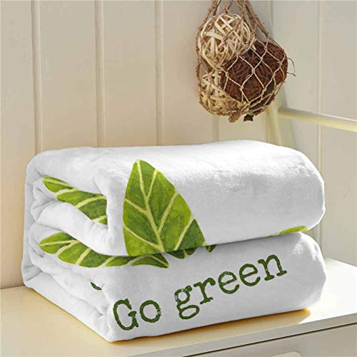 Sage - Manta estampada de grado comercial, diseño ecológico pintado a mano, hojas de acuarela con Go Green Inspirational Queen King W60 x L70 pulgadas, color verde y blanco