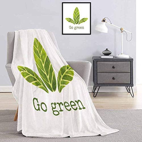 Sage - Manta estampada de grado comercial, diseño ecológico pintado a mano, hojas de acuarela con Go Green Inspirational Queen King W60 x L70 pulgadas, color verde y blanco