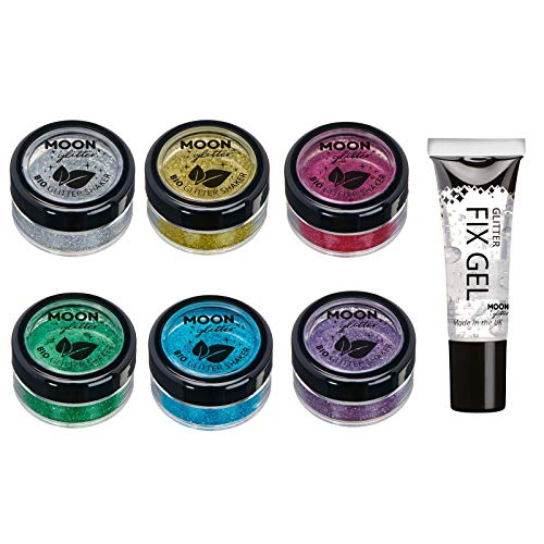 Saleros de Purpurina Eco Biodegradable de Moon Glitter - Purpurina 100% Cosmética Bio para Cara, Cuerpo, Uñas, Pelo y Labios - 5g Set de 6 – más Gel Fijador de Purpurina