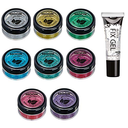 Saleros de Purpurina Eco Biodegradable de Moon Glitter - Purpurina 100% Cosmética Bio para Cara, Cuerpo, Uñas, Pelo y Labios - 5g Set de 6 – más Gel Fijador de Purpurina