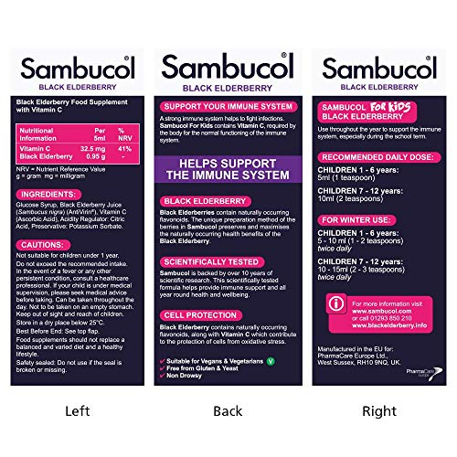 Sambucol Black Elderberry para Niños | Vitamina C | Complemento alimentario de apoyo inmunitario | 120ml