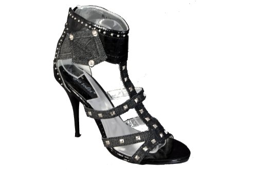 Sandalias de diseño Sexy con diseño de Patente y Vaquero con tacón y Adornos de Stiletto. ¡Sólo £49.99 & Libre P&P!