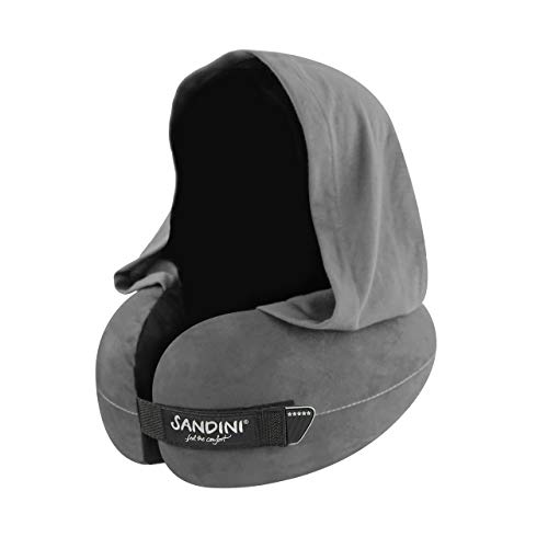 SANDINI TravelFix Hoodie Regular Size – Almohada de Viaje Premium con Cierre/Almohada Cervical con función de Soporte ergonómico – Bolsa de Transporte con Clip de fijación Gratuita