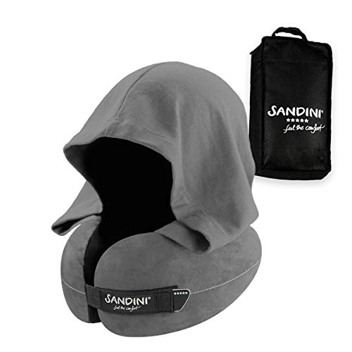 SANDINI TravelFix Hoodie Regular Size – Almohada de Viaje Premium con Cierre/Almohada Cervical con función de Soporte ergonómico – Bolsa de Transporte con Clip de fijación Gratuita