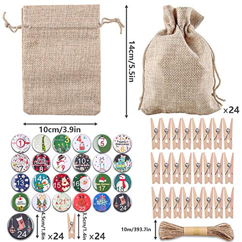 Saquitos de Tela para Calendario de Adviento, 24 Calendario Adviento Saquitos, Calendario de Adviento, Bolsa de Yute con 24 Insignias Digitales, Bolsa de Regalo con Cordón, Decoración Navideña DIY