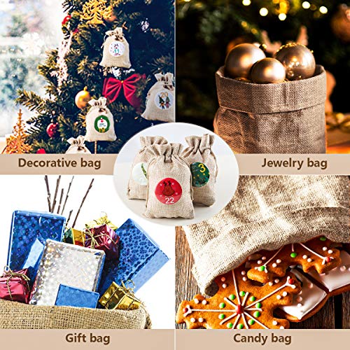Saquitos de Tela para Calendario de Adviento, 24 Calendario Adviento Saquitos, Calendario de Adviento, Bolsa de Yute con 24 Insignias Digitales, Bolsa de Regalo con Cordón, Decoración Navideña DIY