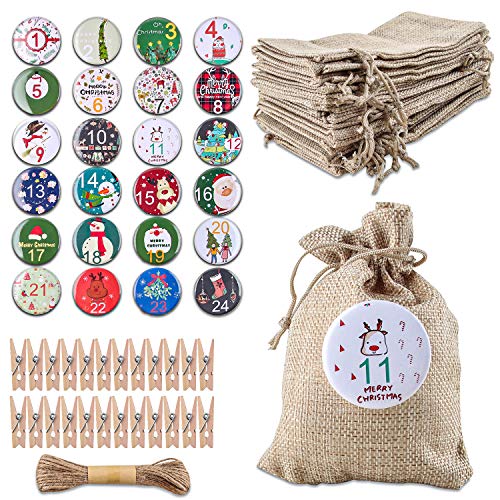 Saquitos de Tela para Calendario de Adviento, 24 Calendario Adviento Saquitos, Calendario de Adviento, Bolsa de Yute con 24 Insignias Digitales, Bolsa de Regalo con Cordón, Decoración Navideña DIY