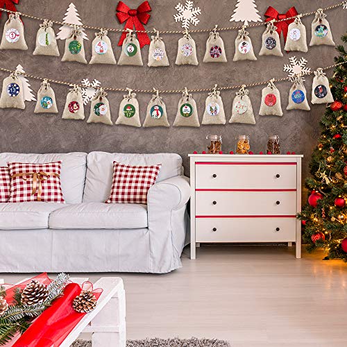 Saquitos de Tela para Calendario de Adviento, 24 Calendario Adviento Saquitos, Calendario de Adviento, Bolsa de Yute con 24 Insignias Digitales, Bolsa de Regalo con Cordón, Decoración Navideña DIY