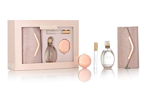 Sarah Jessica Parker Lovley Edp Spray de 100 ml, bolígrafo de 10 ml, bolsa de embrague de oro rosa y espejo