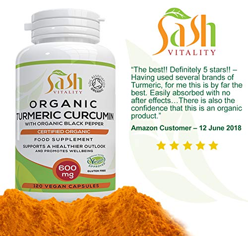 Sash Vitality Organic Turmeric Curcumin 1800mg Per Serving High Strength with Organic Black Pepper | Best Curcumin Absorption | 120 Vegan Capsules | Soil Association Certified Organic Non-GMO