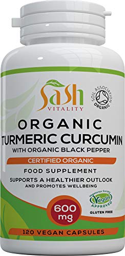 Sash Vitality Organic Turmeric Curcumin 1800mg Per Serving High Strength with Organic Black Pepper | Best Curcumin Absorption | 120 Vegan Capsules | Soil Association Certified Organic Non-GMO