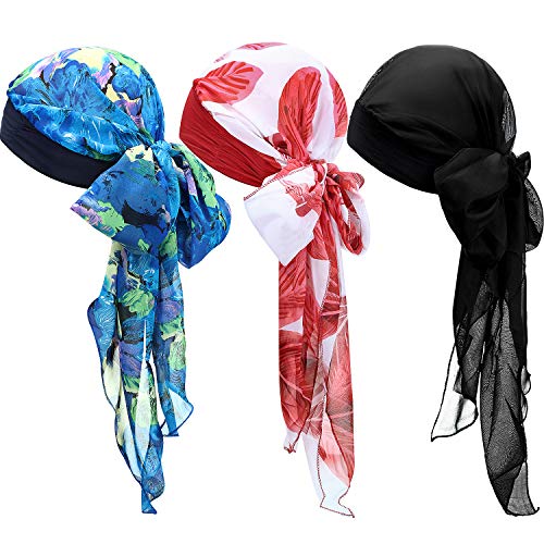 SATINIOR Turbantes de Sombreros para Mujeres Bufanda de Cabeza Suave de Pelo Largo Gorro de Dormir Cubierta de Cabeza (Rojo, Negro, Negro-Azul, 3 Piezas)