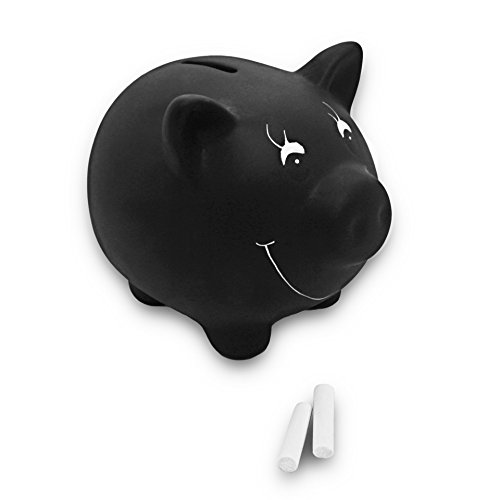 Schramm® Hucha de cerámica Negra con Barniz de Pizarra escribible con Tiza Hucha de Cerdito con Tiza y bloqueable