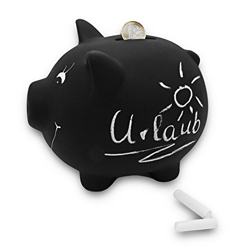 Schramm® Hucha de cerámica Negra con Barniz de Pizarra escribible con Tiza Hucha de Cerdito con Tiza y bloqueable