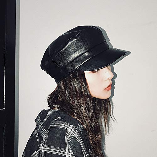 sdssup Boina Modelos Femeninos de Primavera y otoño PU Cuero otoño e Invierno japonés Salvaje Gorra Negra Periódico británico Sombrero Octagonal Negro M (56-58cm)