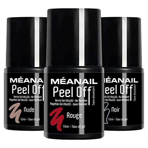 Set de 3 Esmaltes Semipermanentes Peel Off de 10 ml • No Necesita Remover • Colores: Rouge, Noir & Nude • Vegan & Cruelty Free • Méanail Paris