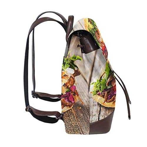 SGSKJ Mochila de Cuero Mujer Bolso Kebab sabroso Estudiante Casual Bolsa La Universidad Bolsa de Viaje de Cuero Mochila Mujer