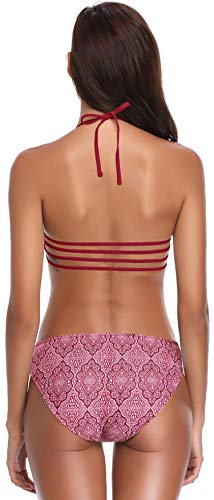 SHEKINI Conjunto de Bikini Sexy para Mujer Extraíble Traje de Baño Pushup Bikini Top Estampado de Impresión Bikini Bikini de Dos Piezas Traje de Baño (S, Vino-3)