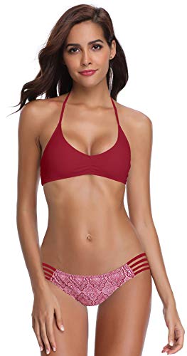 SHEKINI Conjunto de Bikini Sexy para Mujer Extraíble Traje de Baño Pushup Bikini Top Estampado de Impresión Bikini Bikini de Dos Piezas Traje de Baño (S, Vino-3)