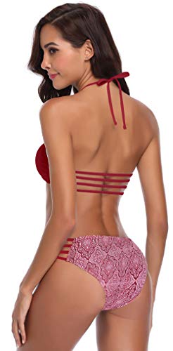 SHEKINI Conjunto de Bikini Sexy para Mujer Extraíble Traje de Baño Pushup Bikini Top Estampado de Impresión Bikini Bikini de Dos Piezas Traje de Baño (S, Vino-3)