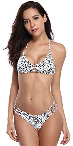 SHEKINI Mujer Halter Brasileño Estampado Bikini Set Relleno Trajes de Baño Malla Bañador (L, Patrón Manchado)