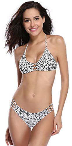 SHEKINI Mujer Halter Brasileño Estampado Bikini Set Relleno Trajes de Baño Malla Bañador (L, Patrón Manchado)