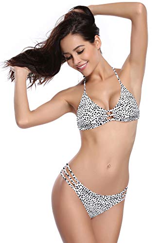 SHEKINI Mujer Halter Brasileño Estampado Bikini Set Relleno Trajes de Baño Malla Bañador (L, Patrón Manchado)