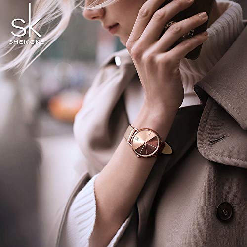 SHENGKE shengke señoras Reloj de Pulsera Creativas Mujeres Relojes Marca Reloj Mujeres Malla Vestido Reloj (K0095-Rosegold&Brown)