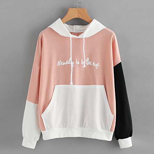 SHOBDW Liquidación Venta Letras de Las Mujeres Imprimir Patchwork Sudadera con Capucha Sudaderas con Capucha Blusa Otoño Ganador de Manga Larga con Capucha (S, Rosa)