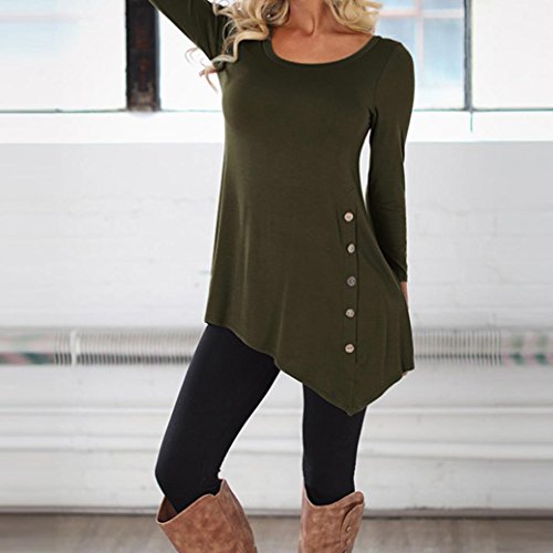 SHOBDW Mujeres de Manga Larga Suelta botón Trim Blusa de Color sólido Cuello Redondo túnica Camiseta (Ejercito Verde, XXL)