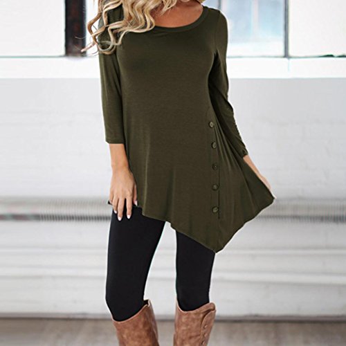 SHOBDW Mujeres de Manga Larga Suelta botón Trim Blusa de Color sólido Cuello Redondo túnica Camiseta (Ejercito Verde, XXL)