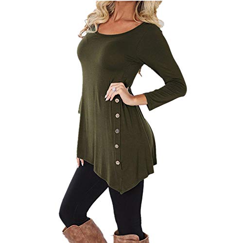 SHOBDW Mujeres de Manga Larga Suelta botón Trim Blusa de Color sólido Cuello Redondo túnica Camiseta (Ejercito Verde, XXL)