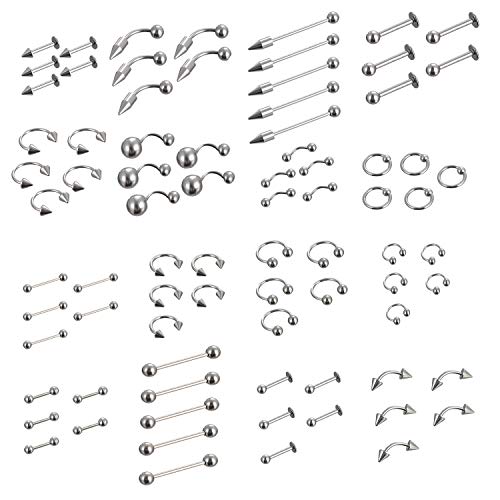 Shuxy - Juego de piercings para ombligo, lengua, cejas, pezón, labio, nariz, etc. 85 piezas, acero quirúrgico