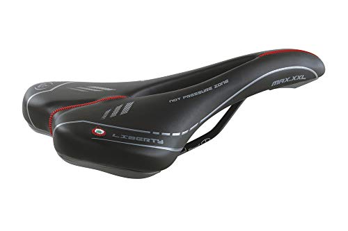Sillín Montegrappa Original Ideal para Bicicletas De Montaña Bicicleta De Competición En Cuero Sintético 100% Producto Artesanal Canal Antiprostático Mod MAX Liberty 1410 (Color: Negro)
