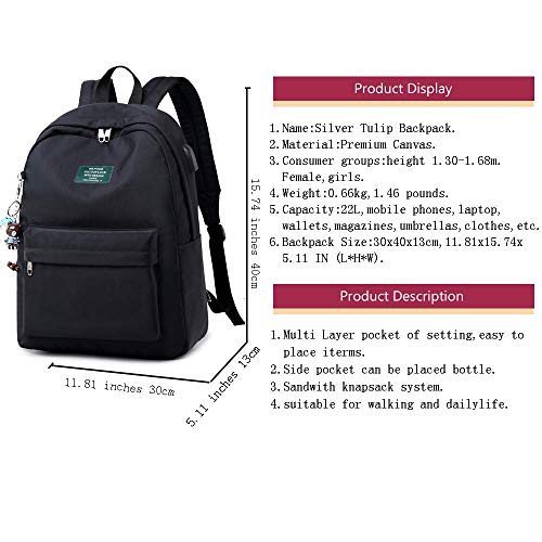 Silver Tulip Mochila para portátil Universidad Hombros Niños Escuela Bolsas de Libros Mochila para niñas (Negro, Medio con Puerto USB)