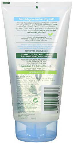 Simple agua Boost Micellar Gel lavado para la piel sensible, 150 ml, Paquete de 6